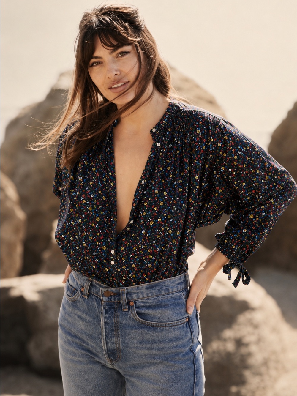 Doen O’Keefe Blouse Black and Wildflower Floral Smocked-Yoke Peasant Blouse S - Picture 3 of 15